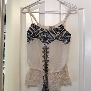 Off white with black tribal top & tied tassels